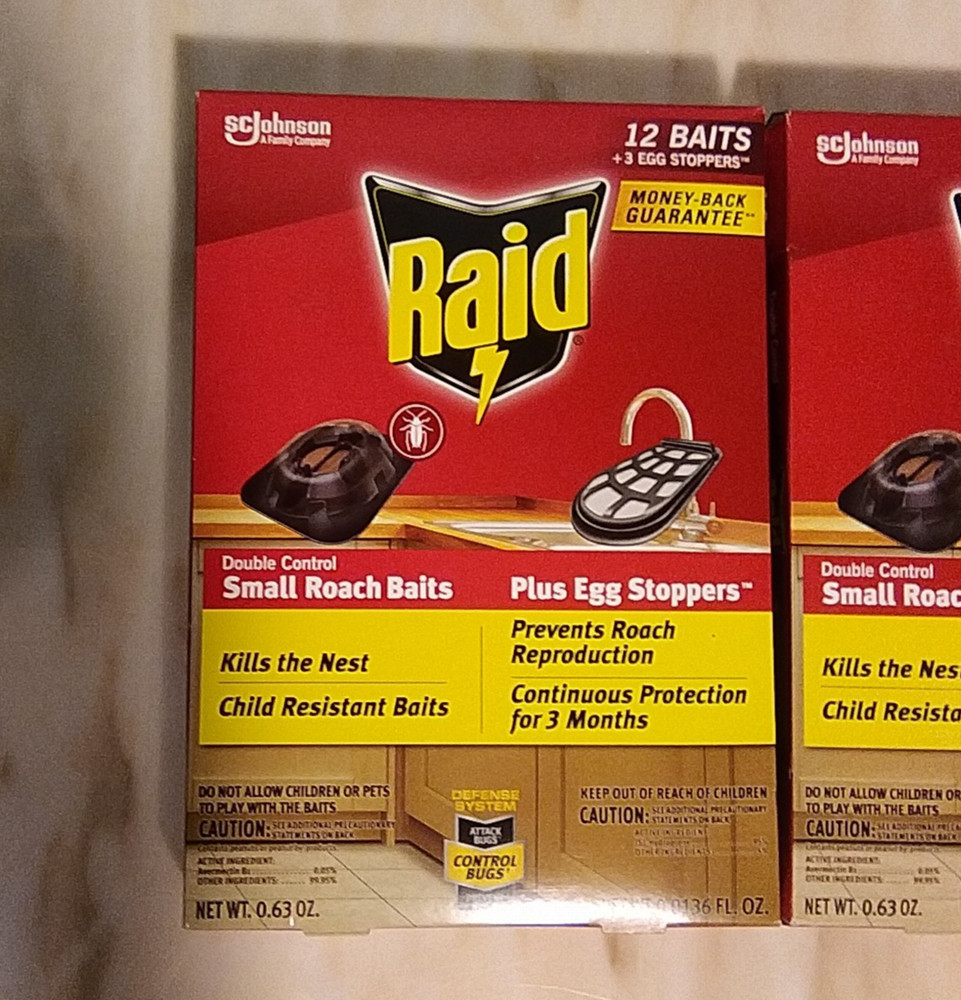 2X Raid 12 Double Control Small Roach Baits Plus 3 Egg Stoppers Per Box