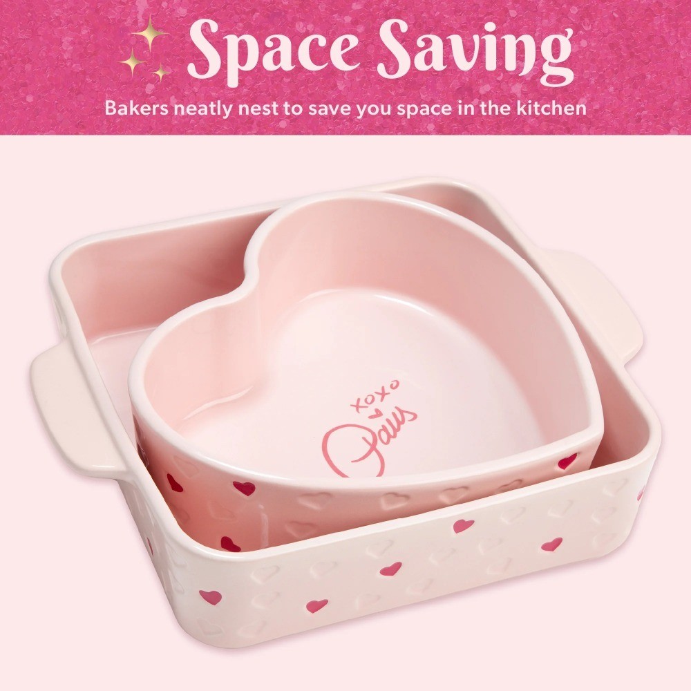 Pink Stoneware Baking Set Square and Heart Shaped Ceramic Baker Dishes