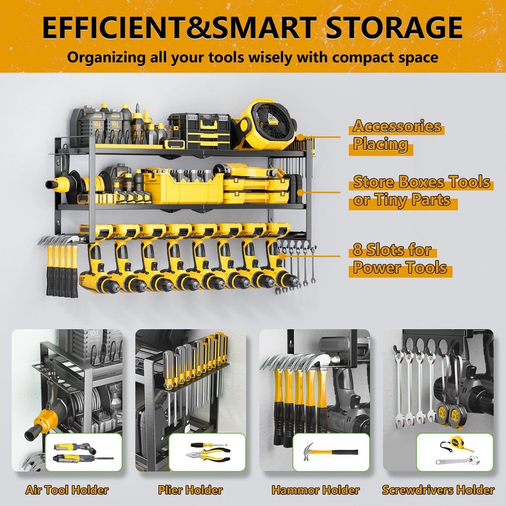 Power Tool Organizer - 3 Layer 8 Drill Holder Wall Mount,Storage Rack for Garage