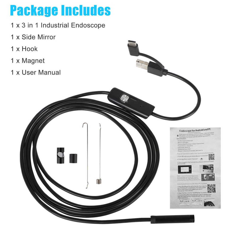 6LED USB Snake Endoscope Borescope HD Inspection Camera Scope for Android Type C