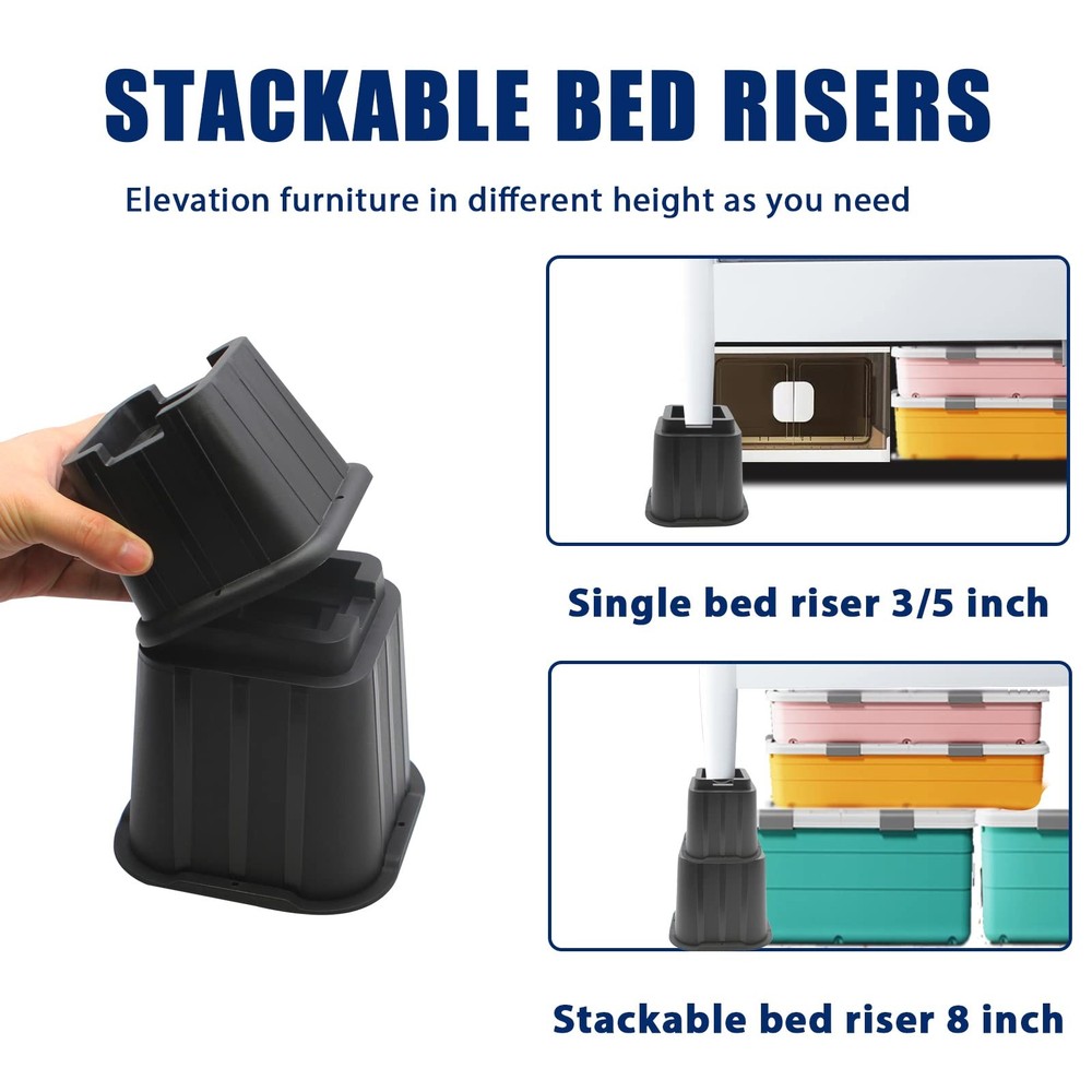 Bed Risers 8 Inch, Elevation in Height 3, 5, 8 inch, Stackable Bed Frame Rise...