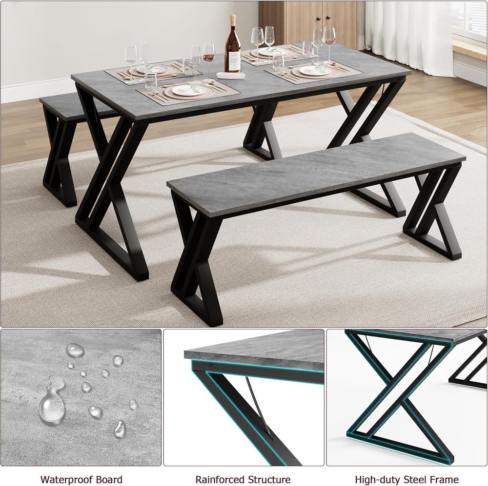 Kitchen Table with Benches, Dining Table Set for 4, Saving Space Table Set