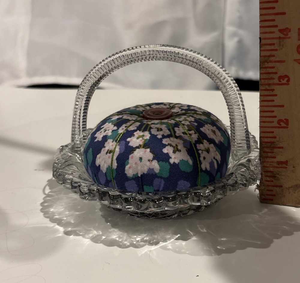 Sewing Pin Cushion Glass Basket Sun Design & Handle EUC