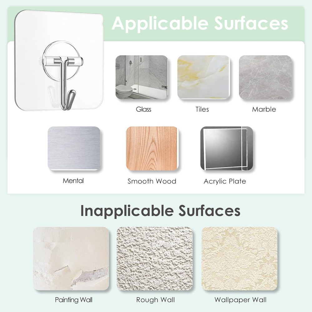 Adhesive Wall Hooks for Hanging, Clear Removable Window Hooks 13 Lb Stainless St