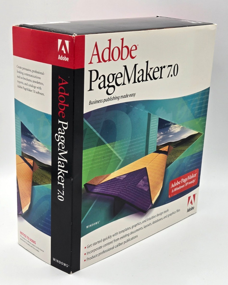 Adobe PageMaker 7.0 Upgrade Windows 2 Disc Set with Key Guide & Box