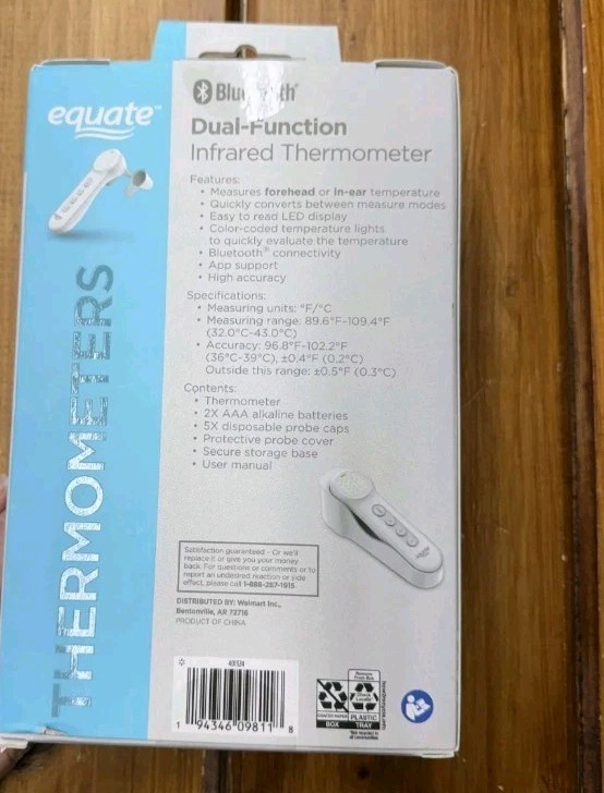 Equate Bluetooth Dual-Function Infrared Thermometer, Forehead and Ear Mode.