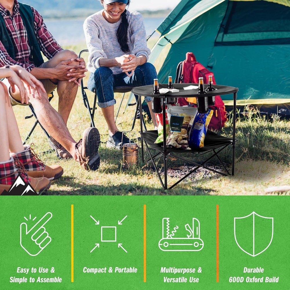 Compact 2-Tier Folding Table with Cupholders for Camping & Picnics - Black