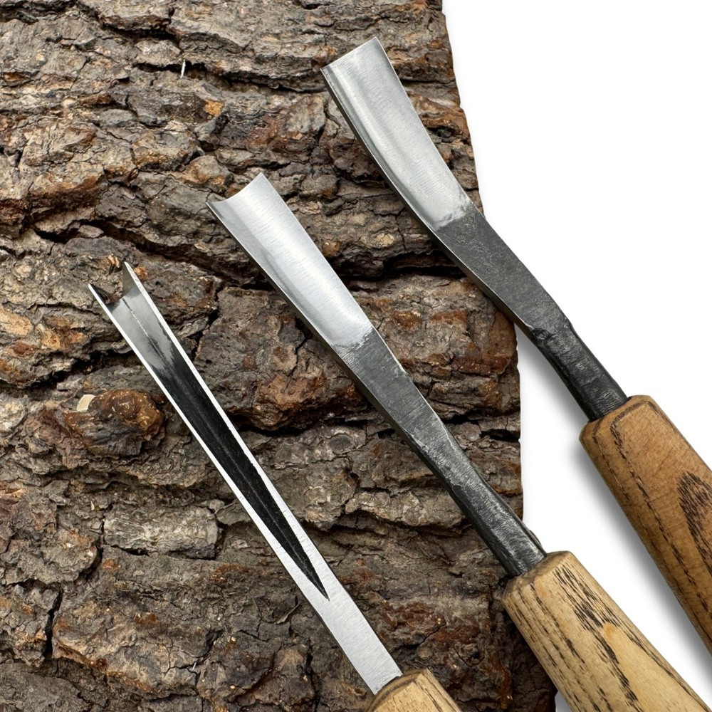 Wood Carving Tool Set 3-Piece – 52100 Steel Blade, Ash Handle, V-Chisel & Gouges