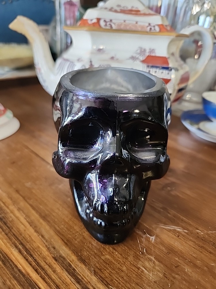 Pre Owned Glass Skull Planter Dark Amethyst  Color