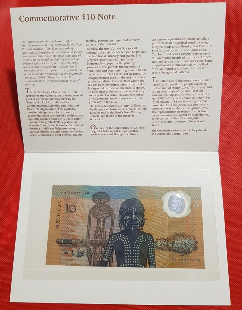 1988 AUSTRALIAN  $10 FRASER/JOHNSTON FIRST POLYMER NOTE  FOLDER AA 16 077426