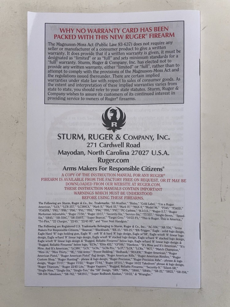 Original Ruger LCP Pistol Owners Instruction Manual with an insert