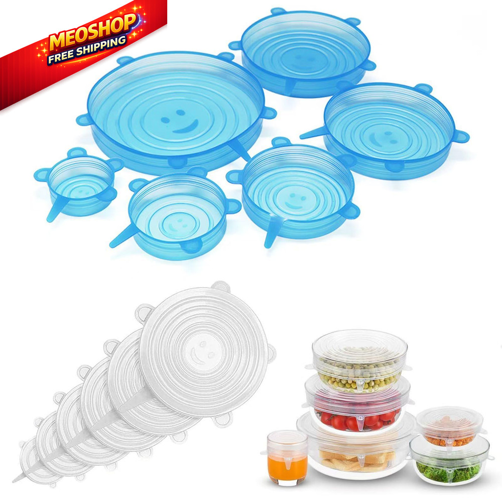 12PCS Silicone Stretch Lids for Food Storage, 6 Specifications white and blue
