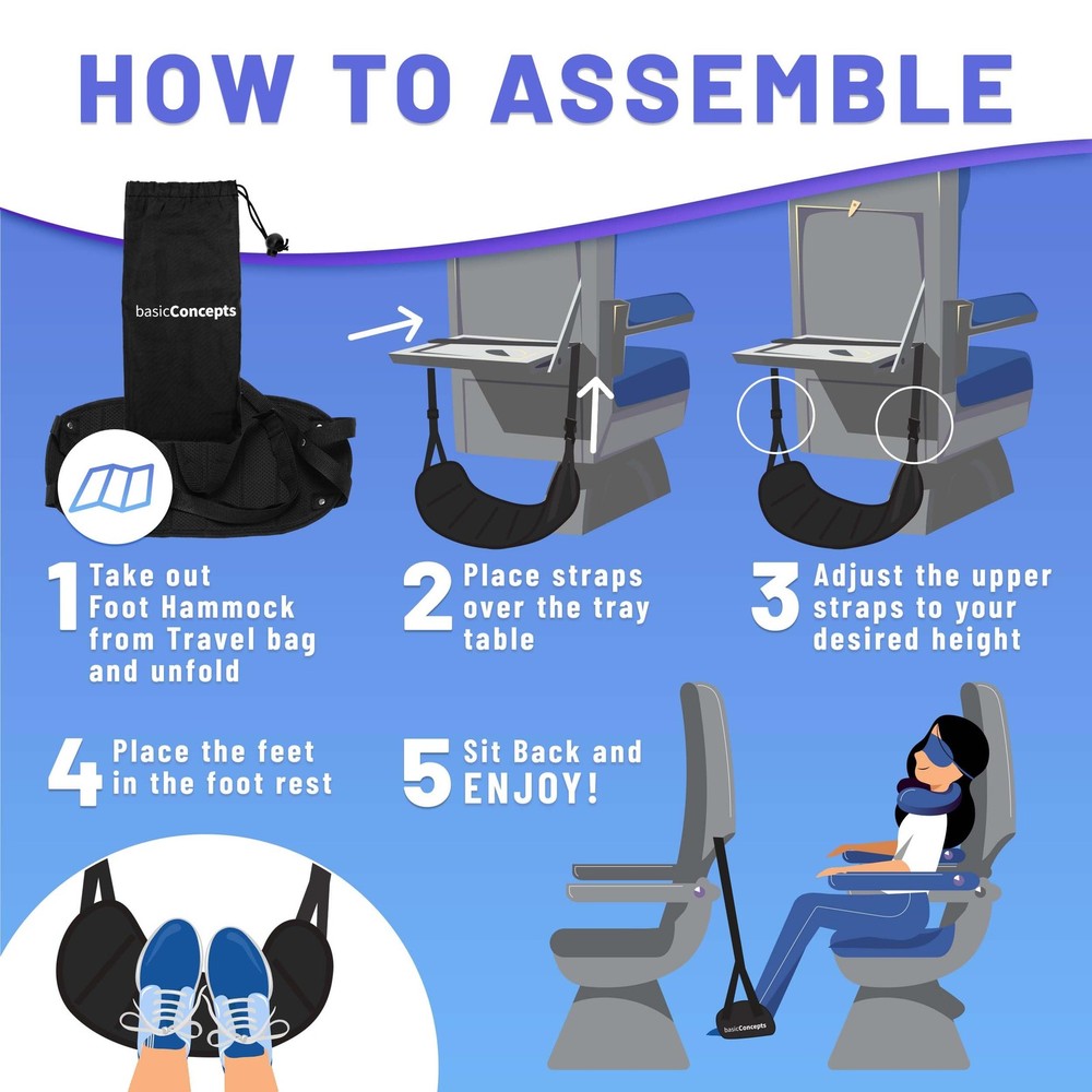 BASIC CONCEPTS Airplane Foot Hammock for Plane Travel 1 pack, Black