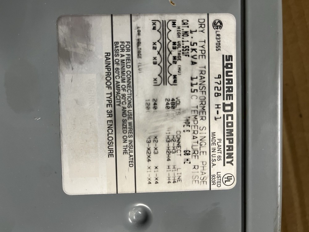 Square D 9728 H-1 Single Phase Transformer Dry Type