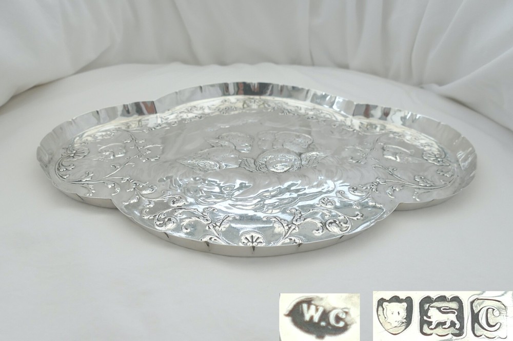 RARE VICTORIAN HM STERLING SILVER WINGED CHERUB DRESSING TABLE TRAY 1898