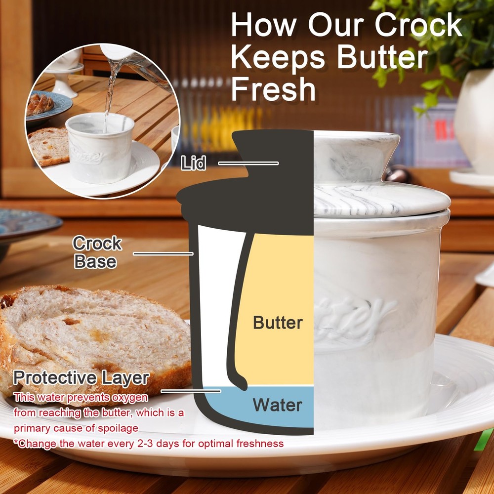 Ceramic Butter Crock with Lid, Marbled Butter Keeper for Spreadable Butter, E