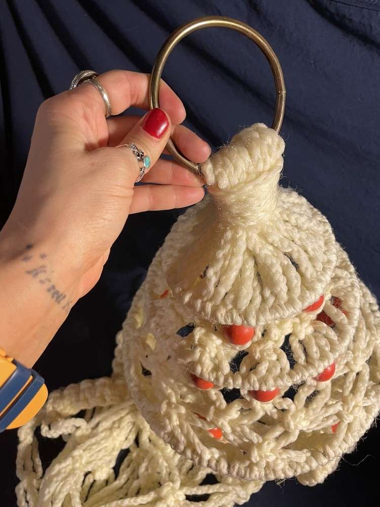 Vintage Macrame Hanger White With Red Beads