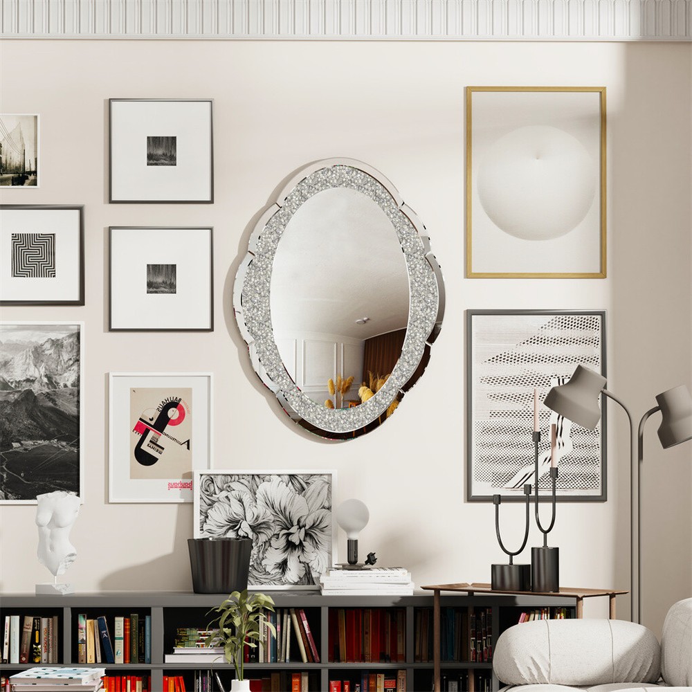 Sparkly Crystal Crushed Diamond Wall Mirror Oval Accent Mirror Bathroom Hallway