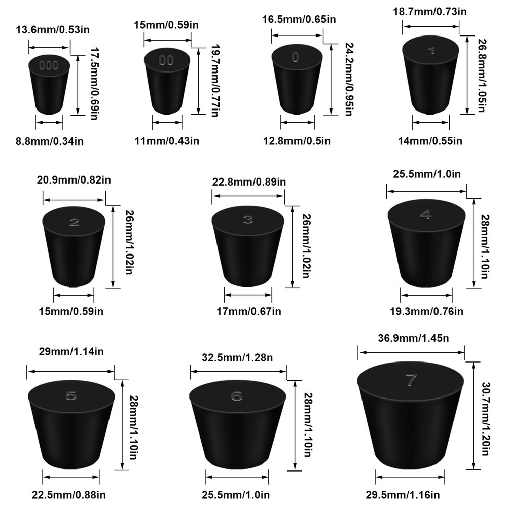 10 Assorted Sizes 000#-7# Tapered Lab Bungs Solid Rubber Stoppers
