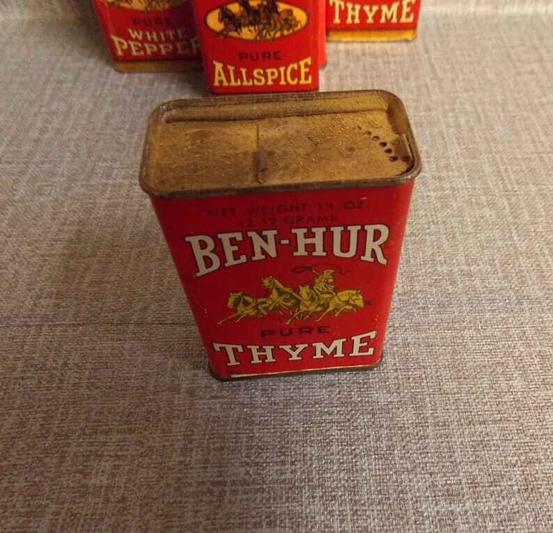 Ben-Hur Vintage Spice Tin 1950's Thyme Version A Rustic Kitchen Farmhouse Decor
