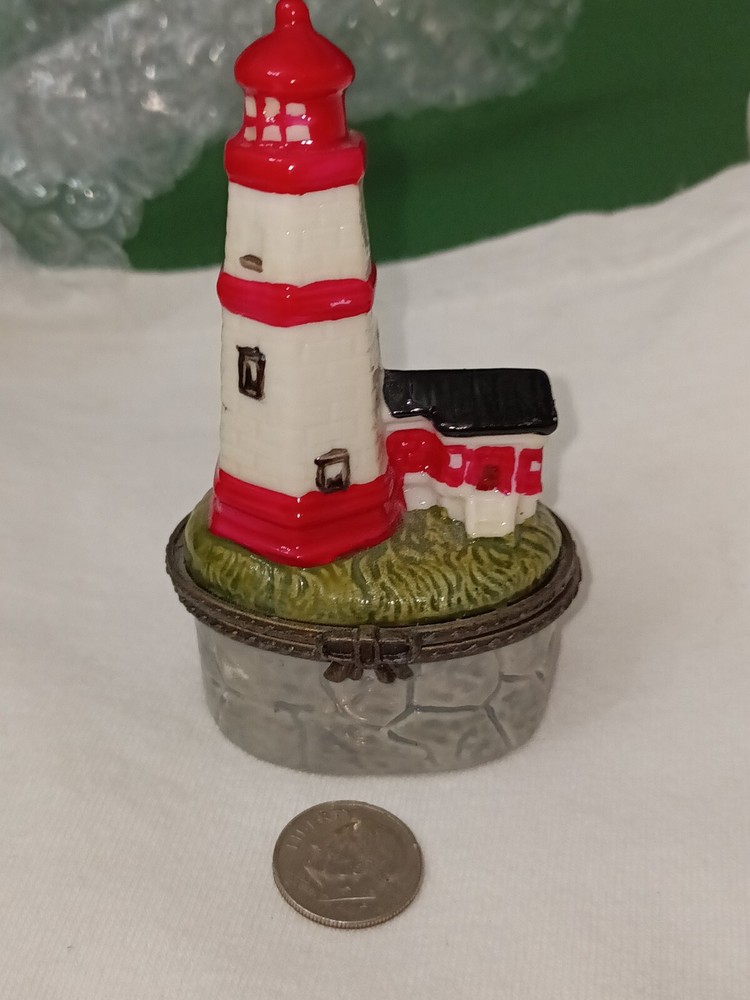 Lighthouse Hinged Trinket Hidden Box Ceramic Red White