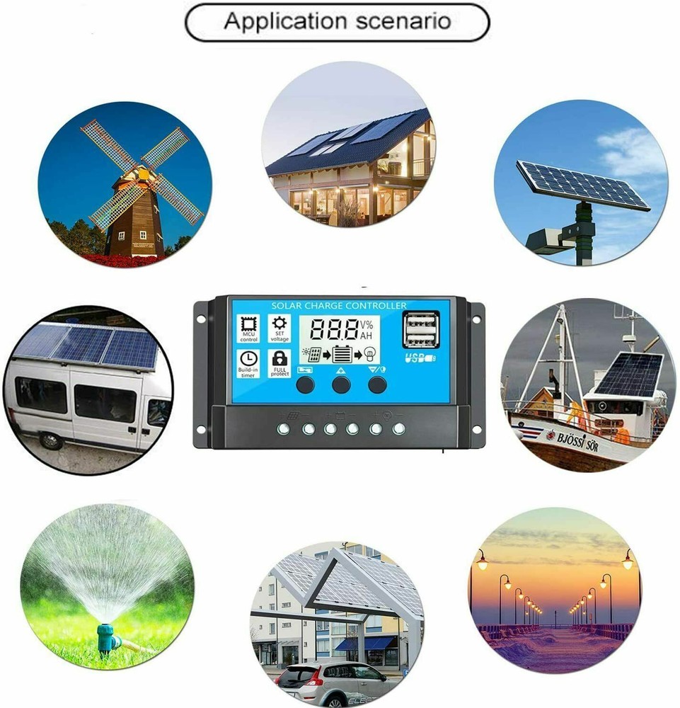 LCD Solar Panel Battery Regulator Charge Controller Dual USB 12V/24V 10A/20A/30A