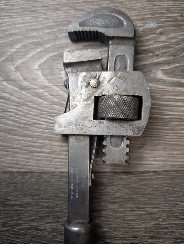Antique Threadwell 10" Adjustable Pipe Monkey Wrench Wood Handle