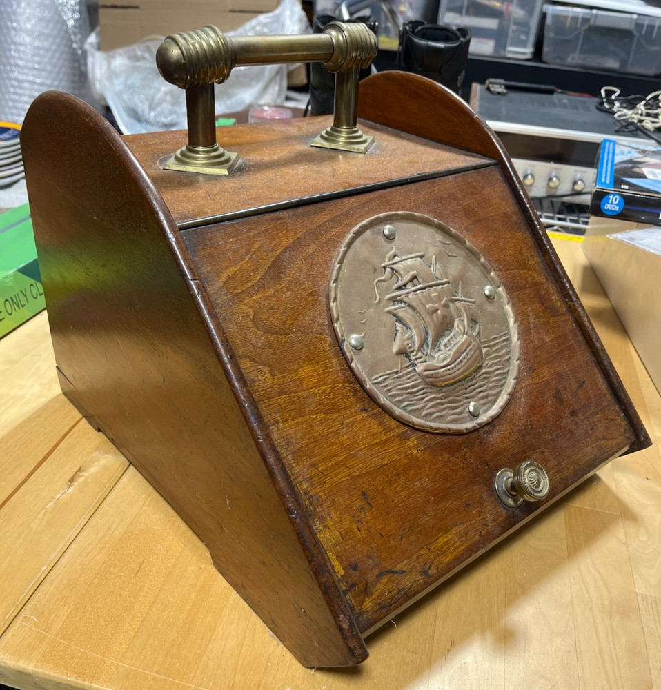 Antique Coal Scuttle Brass & Wood