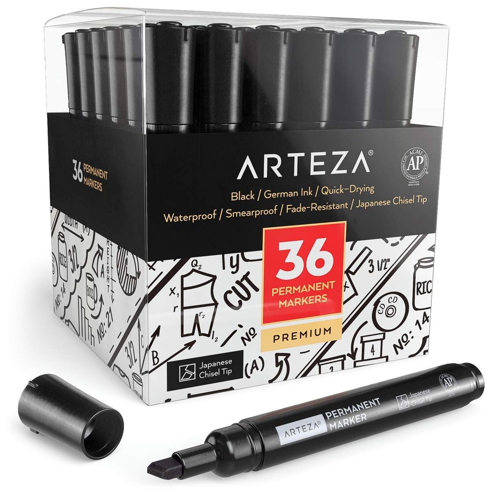 Arteza Permanent Markers | Black | Chisel Tip - Pack of 36