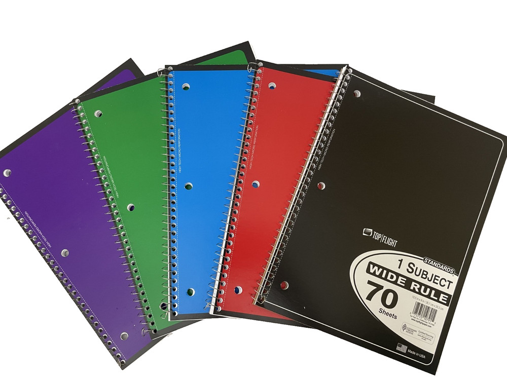 5 Pack Top Flight Spiral Notebook WIDE RULE 1 Subject 70 Sheets Assorted Colors