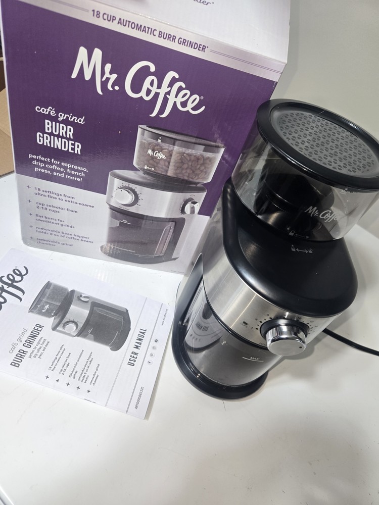 Mr. Coffee Automatic Silver Burr Mill Grinder 18 Custom Grinds /Silver 2-18 cups