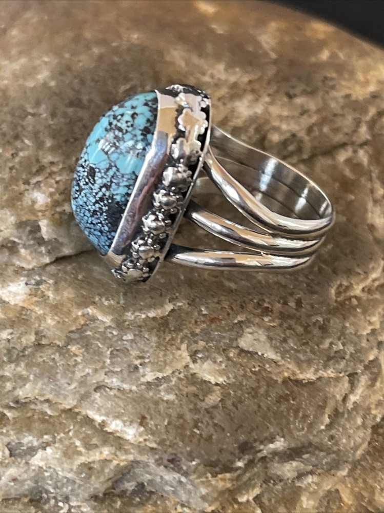 Blue Spiderweb Turquoise Navajo Sterling Silver Ring Size 6 10304