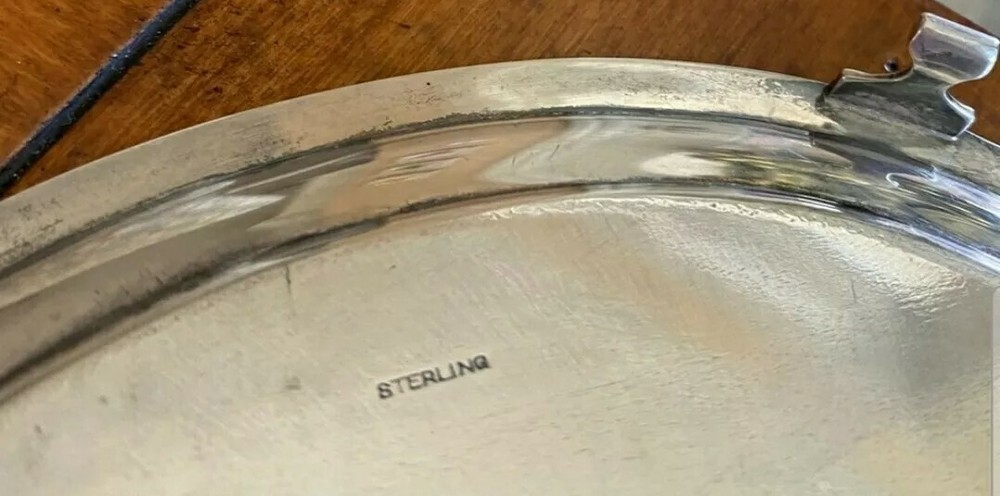 Antique Sterling Silver Footed Mini Tray w Beaded Edging & Engraved Monogram