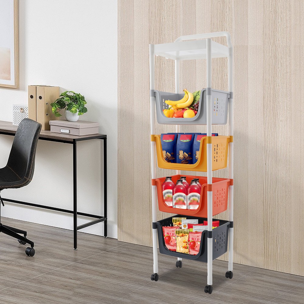 Kitchen Storage Rack 5 Tier Floor-Standing Basket Organizer W/ 2 Practical Hook