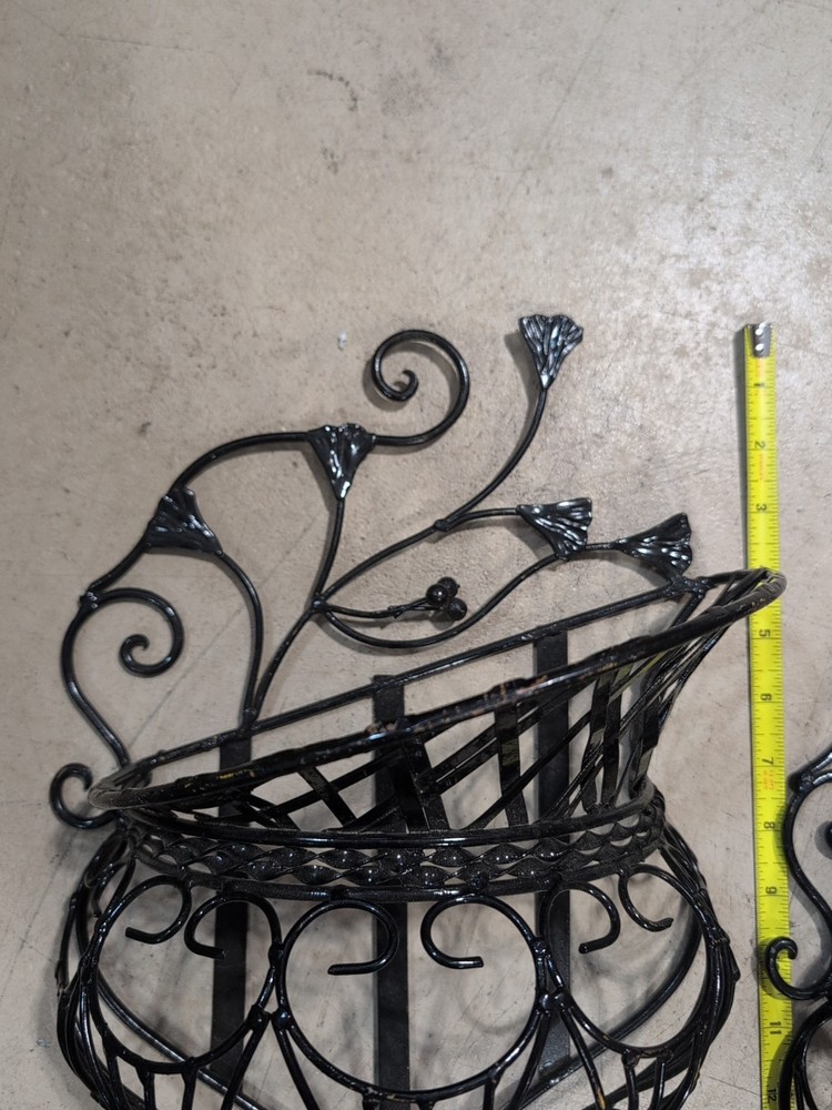 Pair Vintage Scrollwork Wrought Iron Wall Sconces Caged Floral Baskets