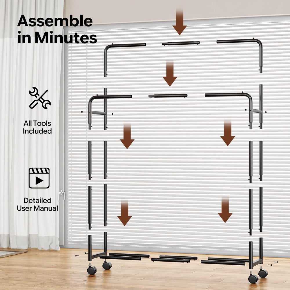 Double Rod Clothes Rack Rolling Garment Rack Black