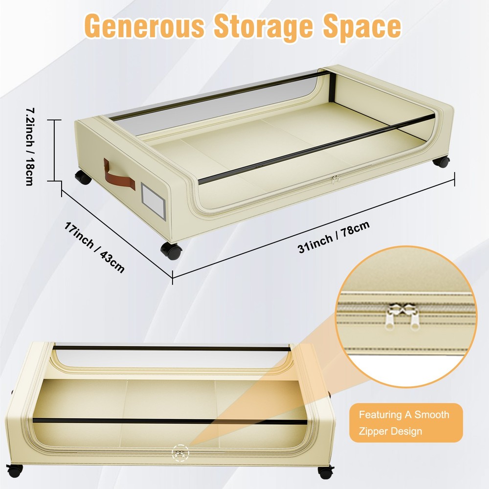 Space Saving Under Bed Clothes Storage 2-Rolling Bins - XL Clear Boxes with Lids