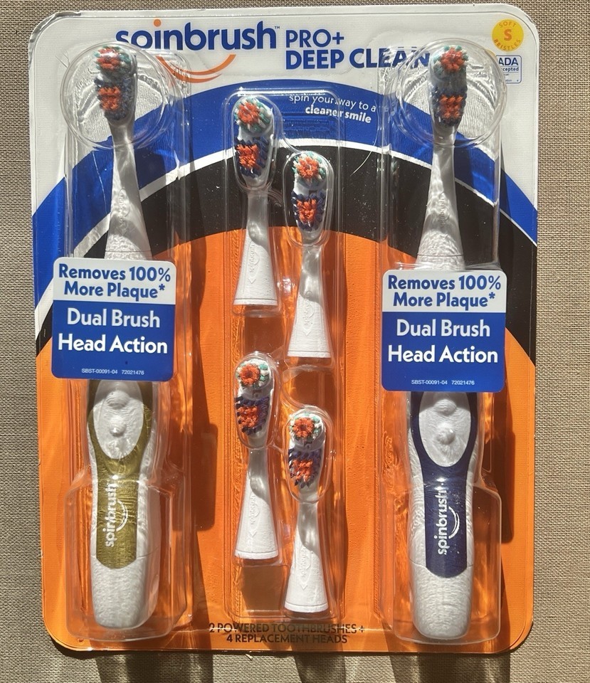 Spinbrush Pro+ Deep Clean Value Pack, Battery Toothbrush, 2 Soft Brushes Sealed