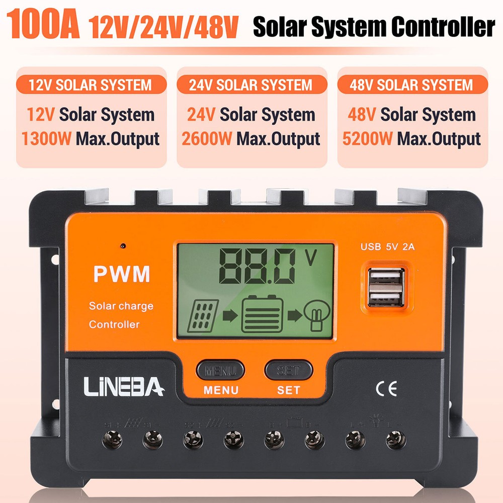100A Solar Panel Battery Charge Controller 12/24/48V LCD Regulator Auto Dual USB