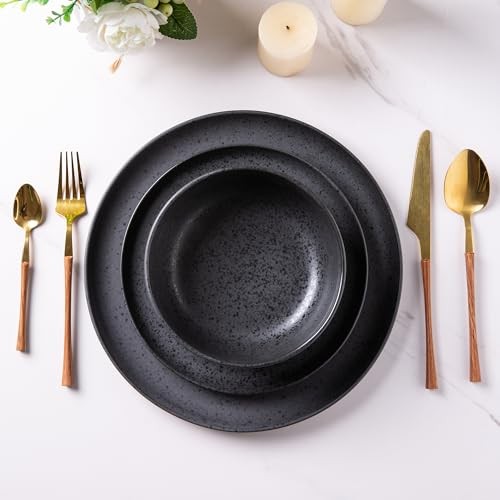 Ceramic Dinnerware Sets, Wavy Rim Stoneware Service for 6 Matte Speckled Black