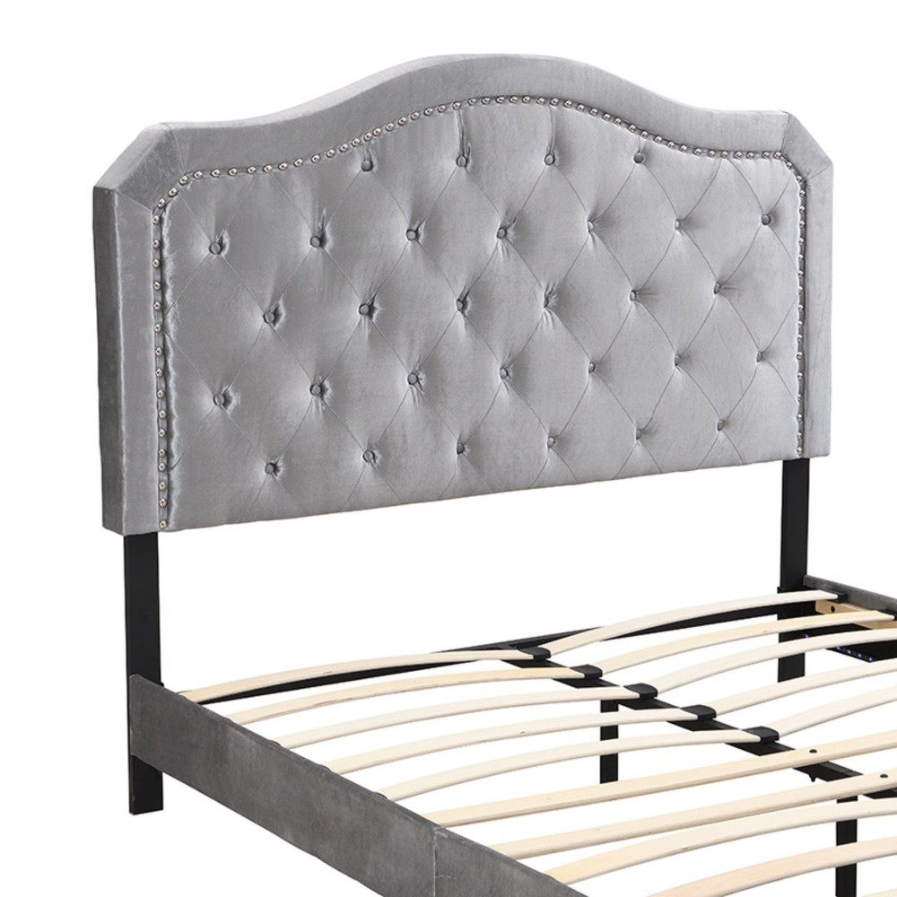 Queen Size Bed Frame Upholstered Platform Bed w/ LED Lights Black/Light Gray