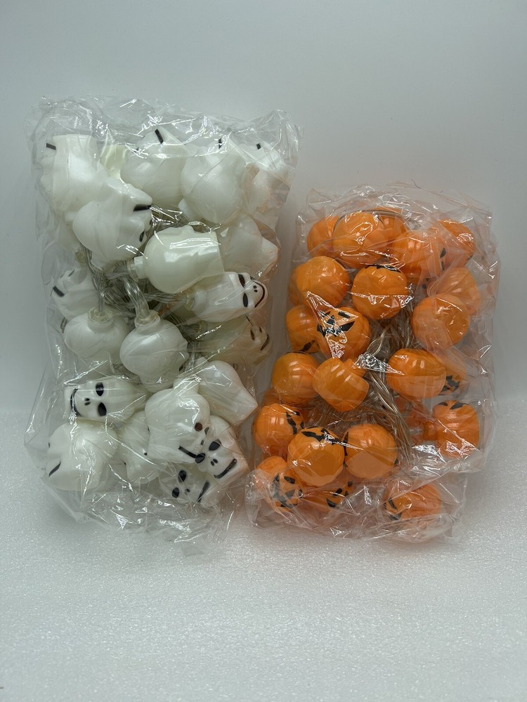 Halloween String Light Set Of 2 White Skeleton Orange Pumpkin Each String 30 LED