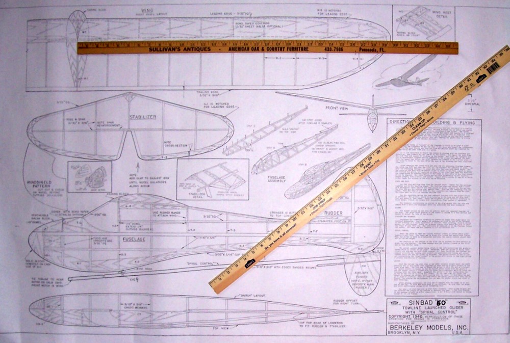 Berkeley SINBAD 40 PLAN & PARTS PATTERNS for 40" Towline Glider Model Airplane