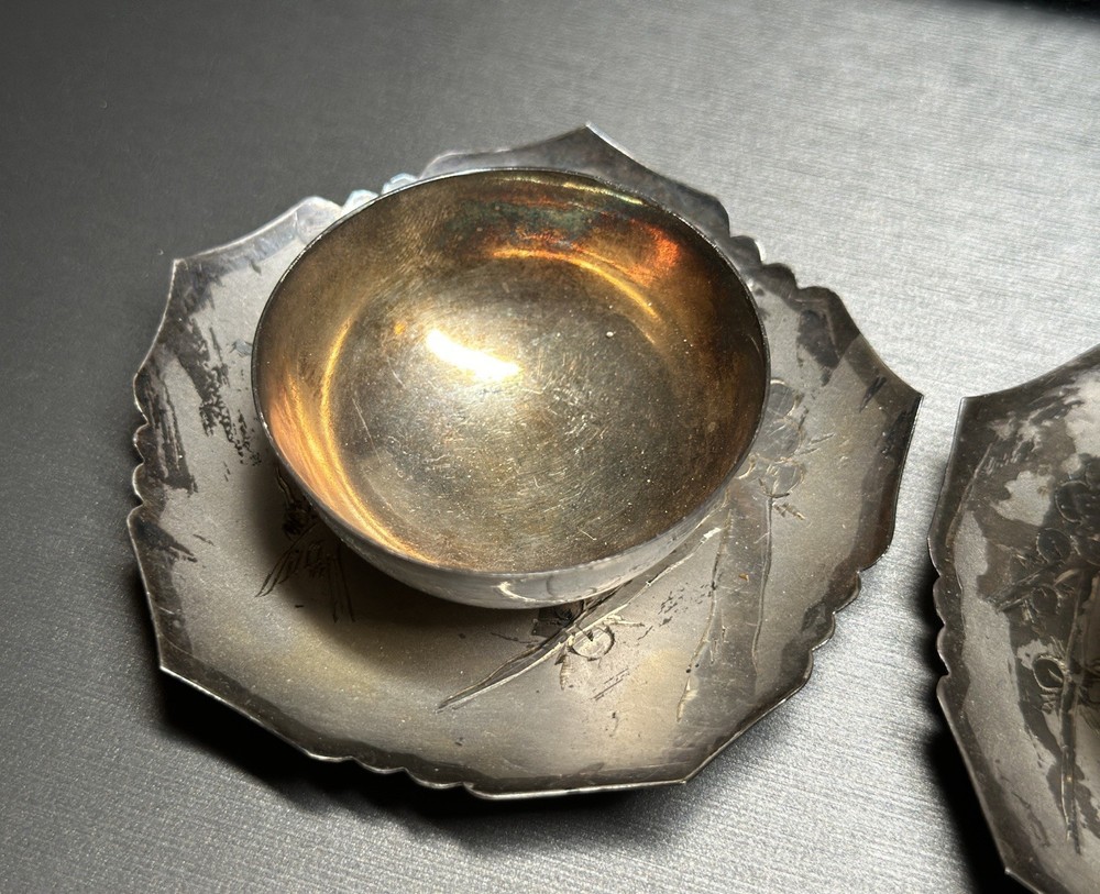 Antique Japanese Solid Silver Sake Cups and Saucers