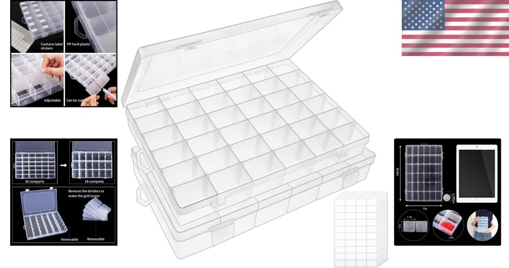 Clear Plastic 36-Compartment Bead Organizer, 2 Pack with Snap Closure & Labels
