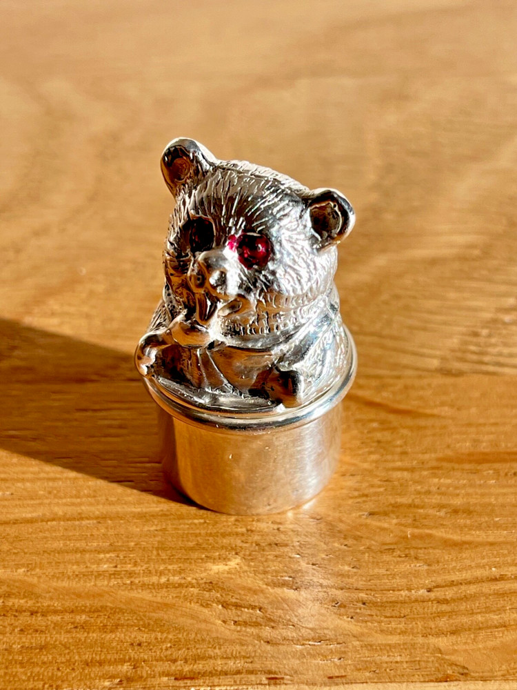 Superb Miniature Vintage Silver & Enamelled Novelty Teddy Bear Pill Box