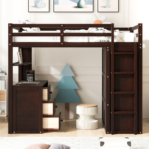 Twin Full Size Loft Bed with Desk Wardrobe Storage Cabinet Solid Wood Bed Frames