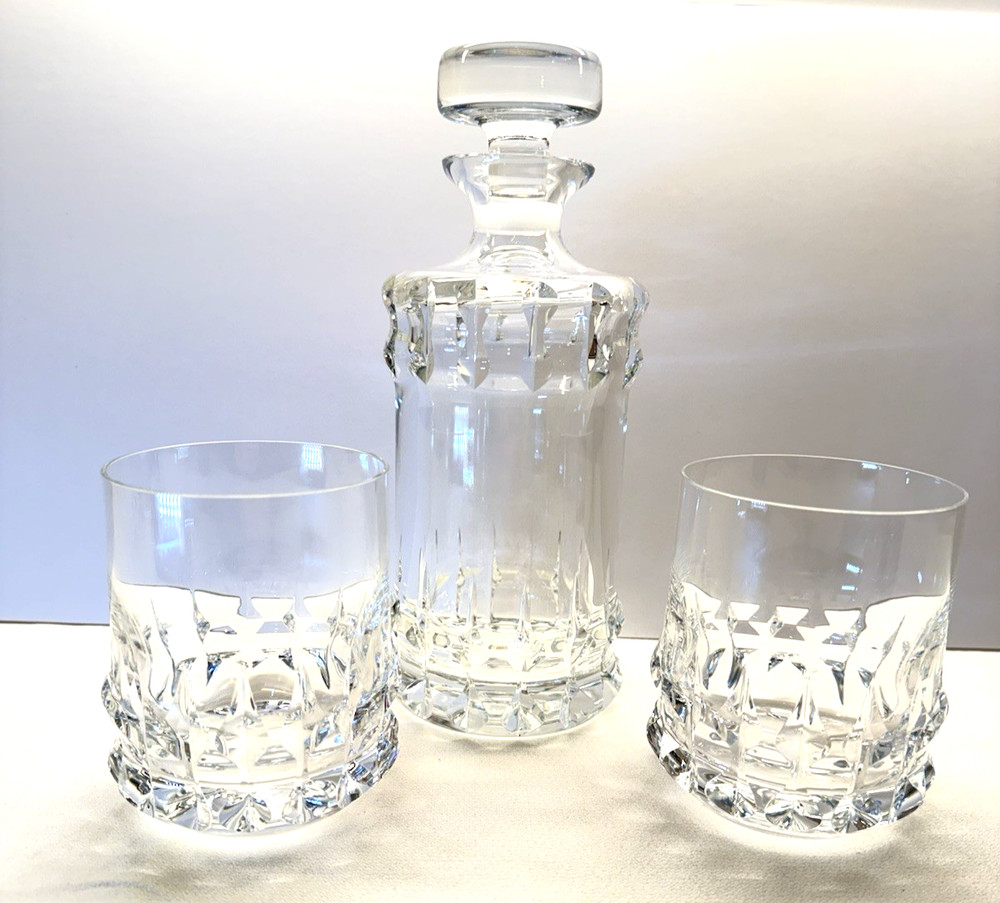 Rosenthal Holdfast Crystal Decanter Clear Signed & 2 Old Fashioned Glasses