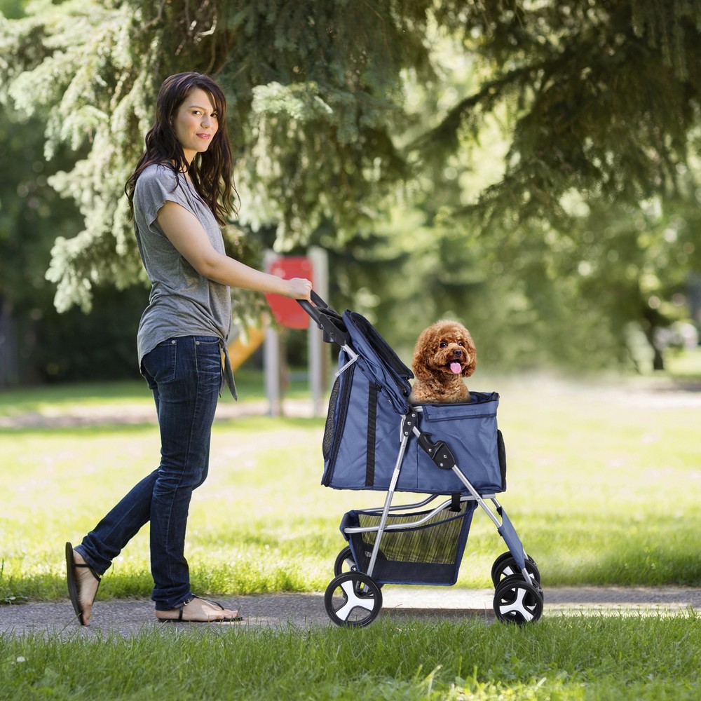 4-Wheels Folding Dog Stroller Pet Stroller for Medium Dogs Cat Stroller Blue