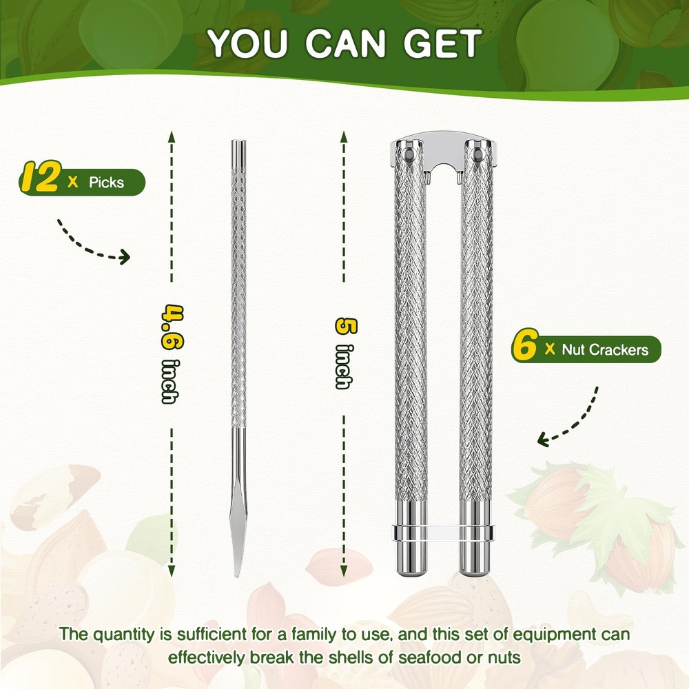 6pcs Nut Crackers for All Nuts and 12pcs Picks Set, Nut Cracker Silver General